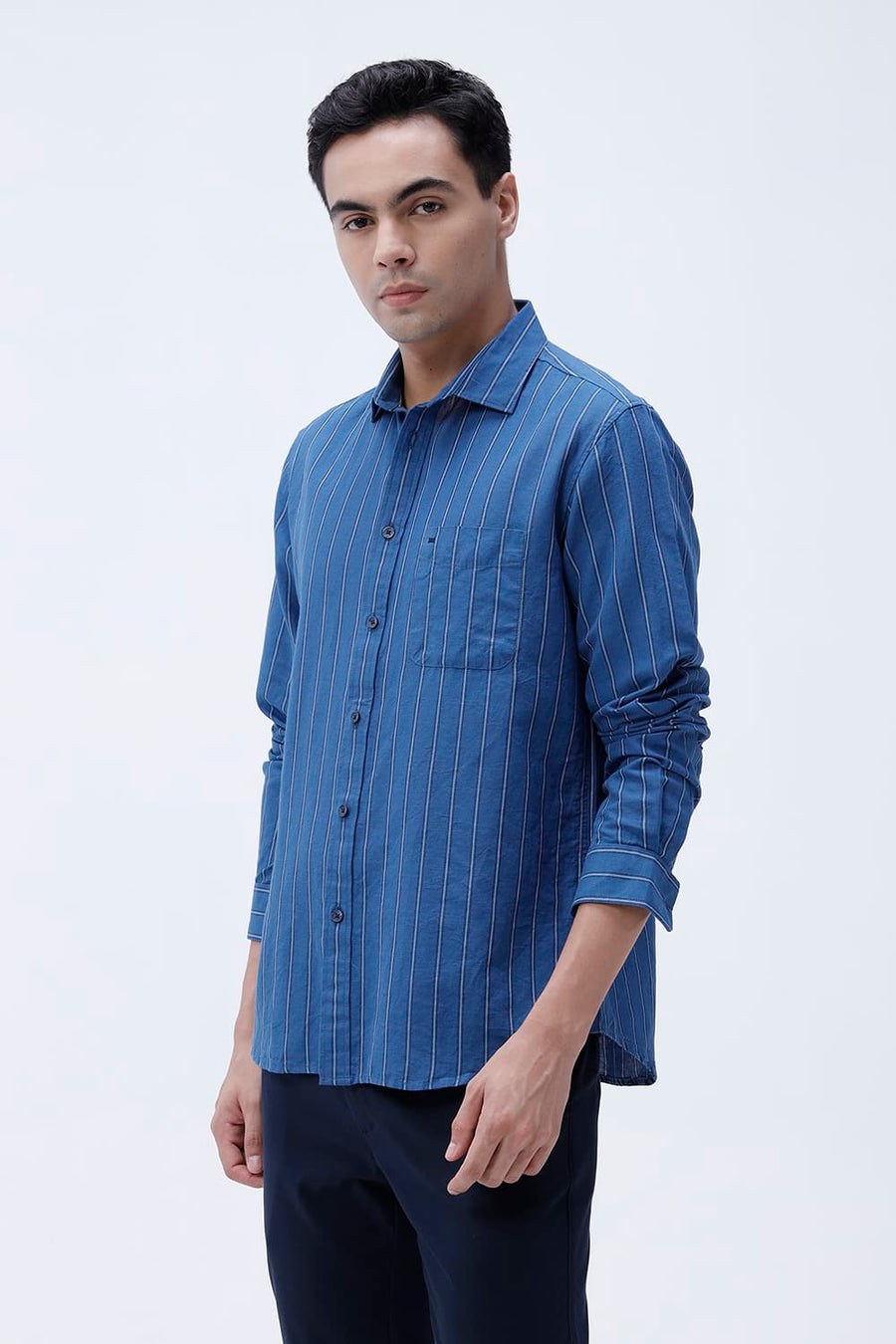 BASICS SLIM FIT BLACK COTTON LINEN STRIPE SHIRT