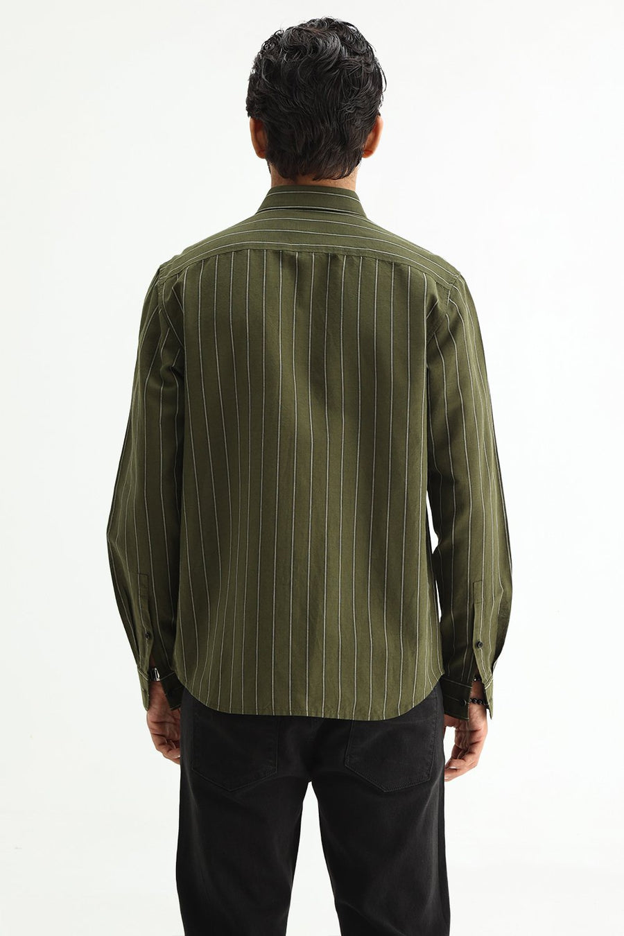 BASICS SLIM FIT NAVY COTTON LINEN STRIPE SHIRT
