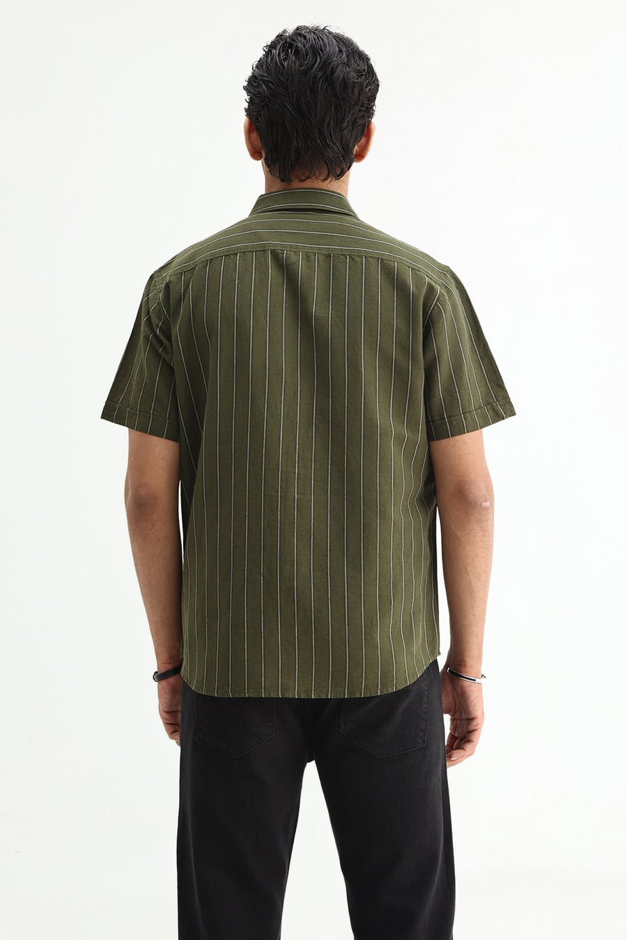 BASICS SLIM FIT NAVY COTTON LINEN STRIPE HALFSLEEVES SHIRT