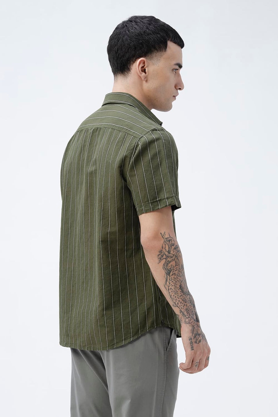 BASICS SLIM FIT NAVY COTTON LINEN STRIPE HALFSLEEVES SHIRT