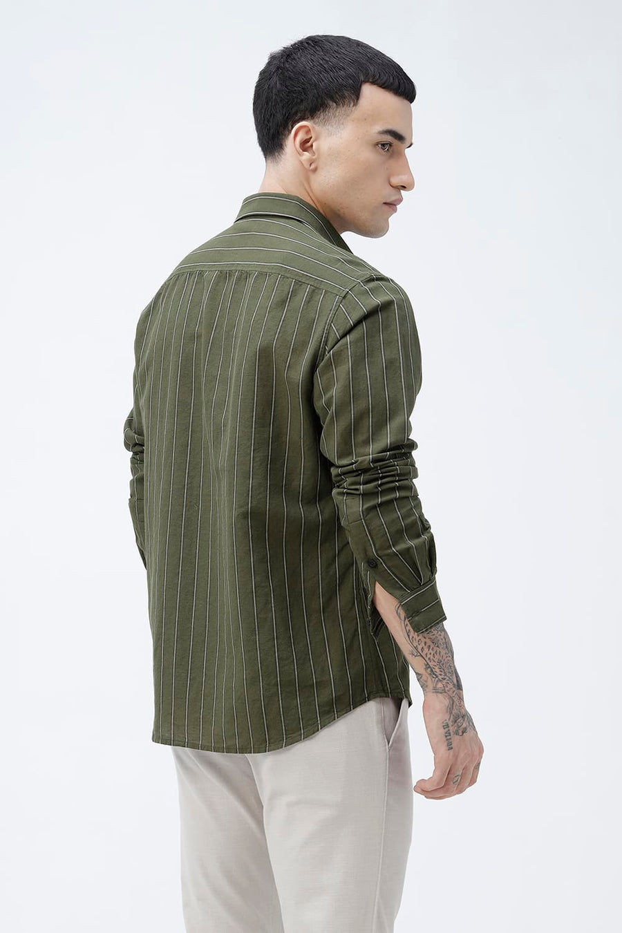 BASICS SLIM FIT NAVY COTTON LINEN STRIPE SHIRT