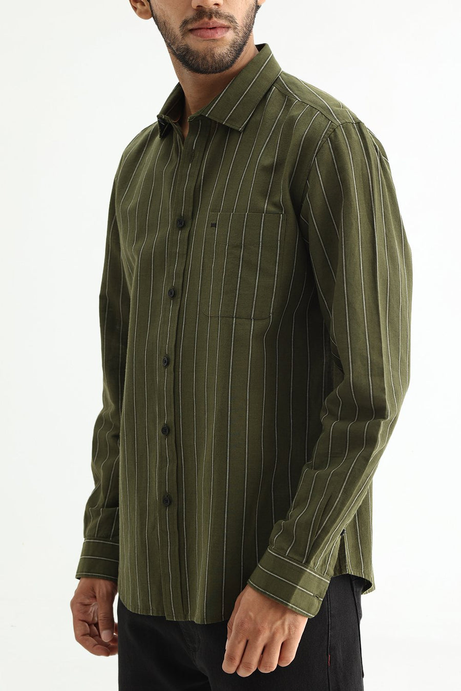BASICS SLIM FIT NAVY COTTON LINEN STRIPE SHIRT