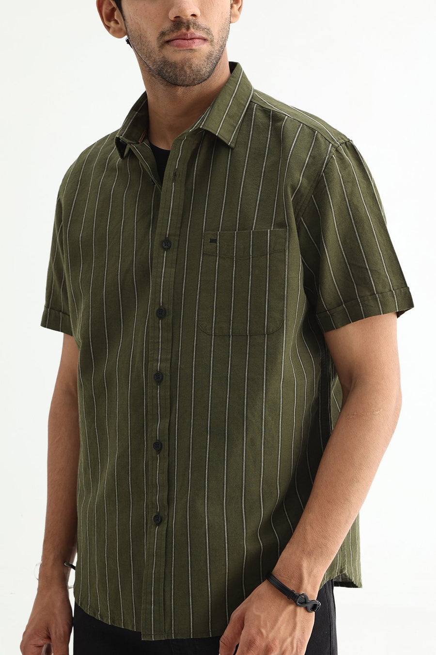 BASICS SLIM FIT NAVY COTTON LINEN STRIPE HALFSLEEVES SHIRT