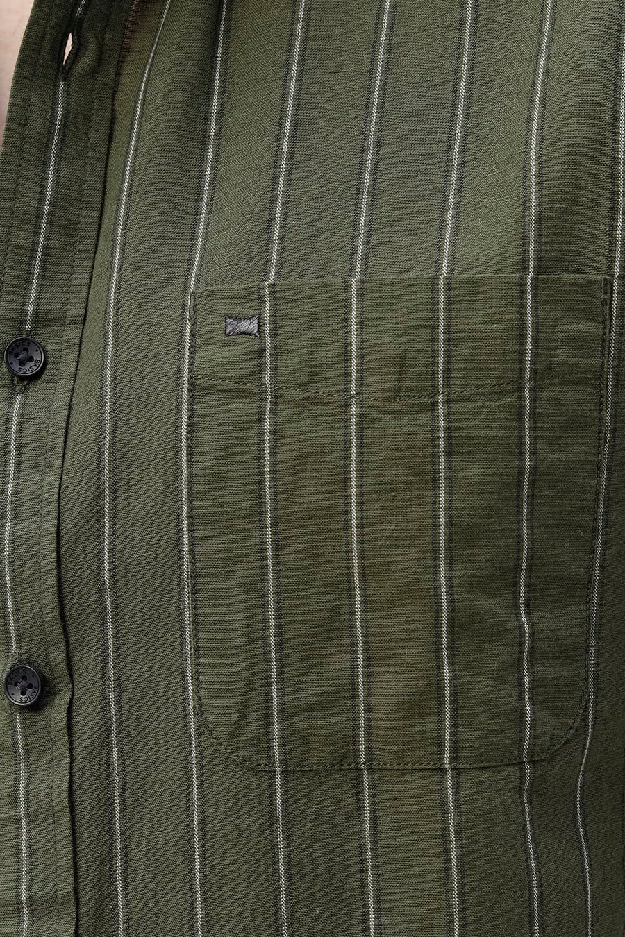 BASICS SLIM FIT NAVY COTTON LINEN STRIPE HALFSLEEVES SHIRT