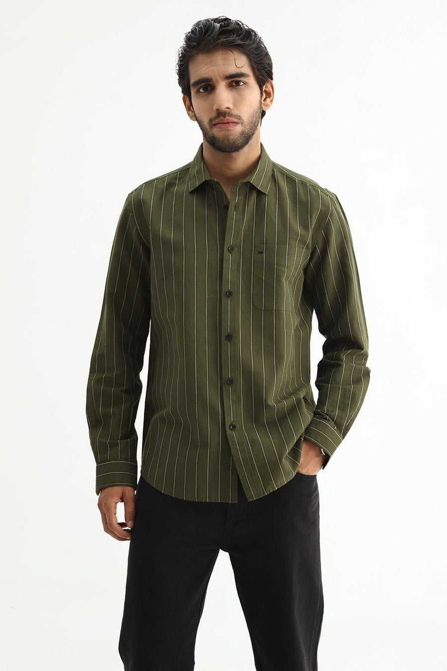 BASICS SLIM FIT NAVY COTTON LINEN STRIPE SHIRT