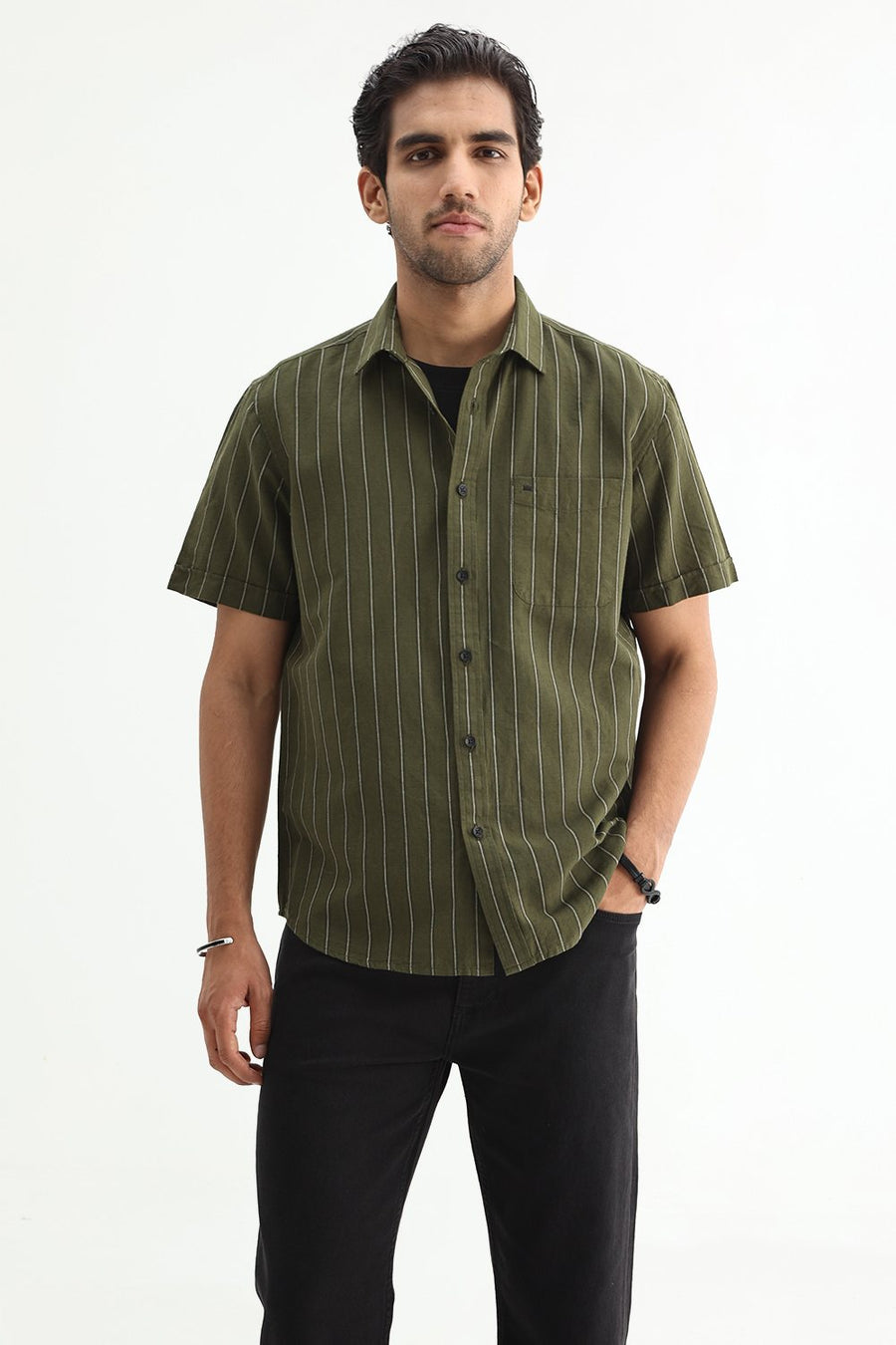 BASICS SLIM FIT NAVY COTTON LINEN STRIPE HALFSLEEVES SHIRT