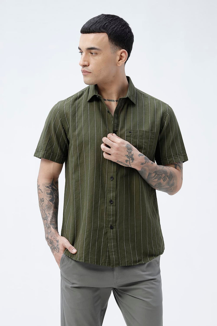 BASICS SLIM FIT NAVY COTTON LINEN STRIPE HALFSLEEVES SHIRT