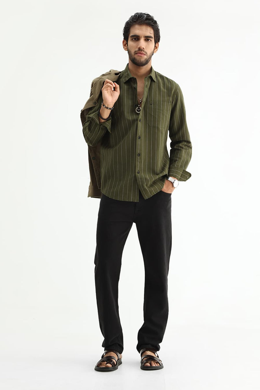BASICS SLIM FIT NAVY COTTON LINEN STRIPE SHIRT