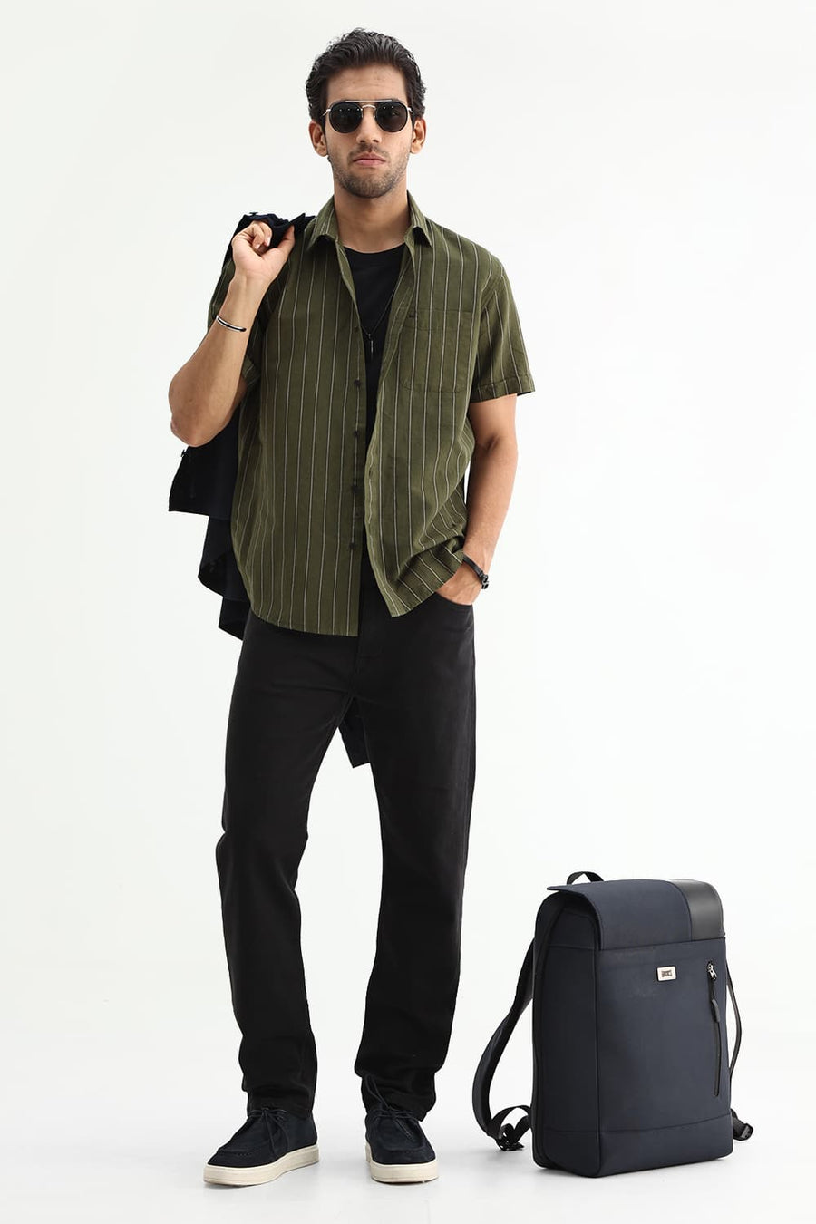 BASICS SLIM FIT NAVY COTTON LINEN STRIPE HALFSLEEVES SHIRT