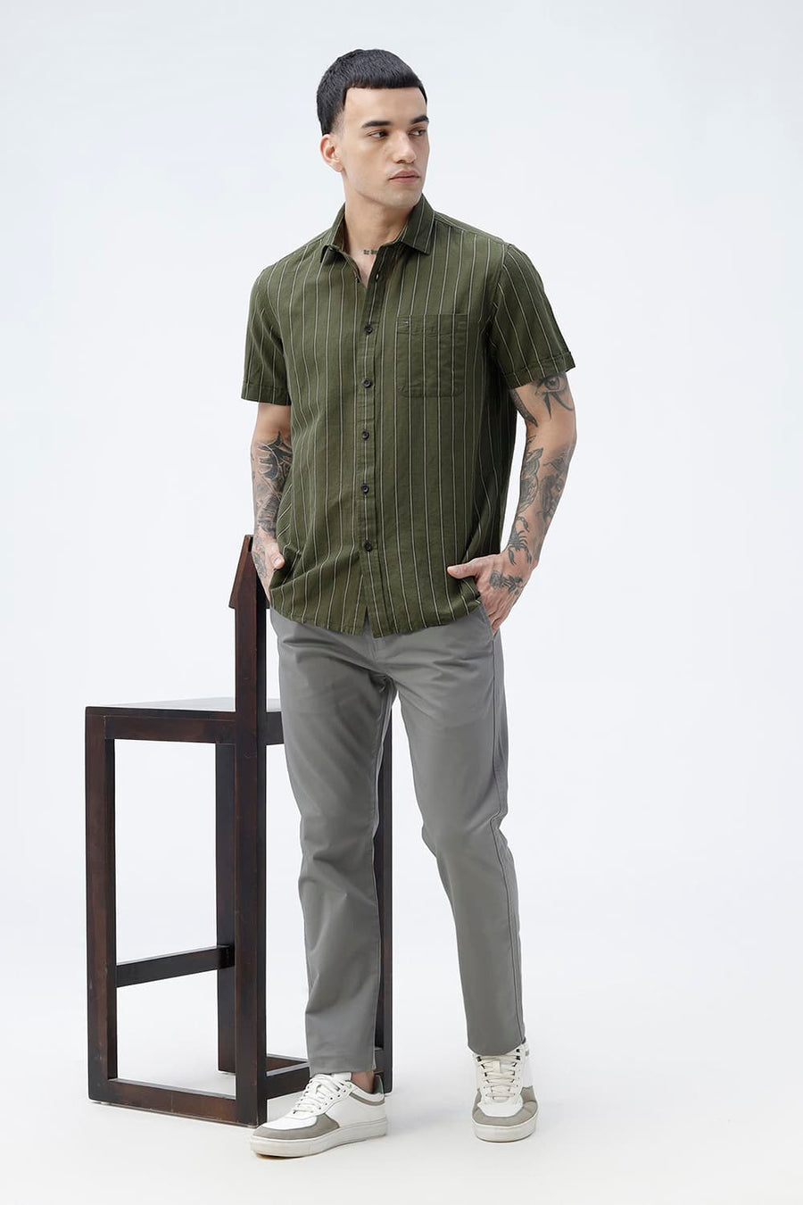 BASICS SLIM FIT NAVY COTTON LINEN STRIPE HALFSLEEVES SHIRT