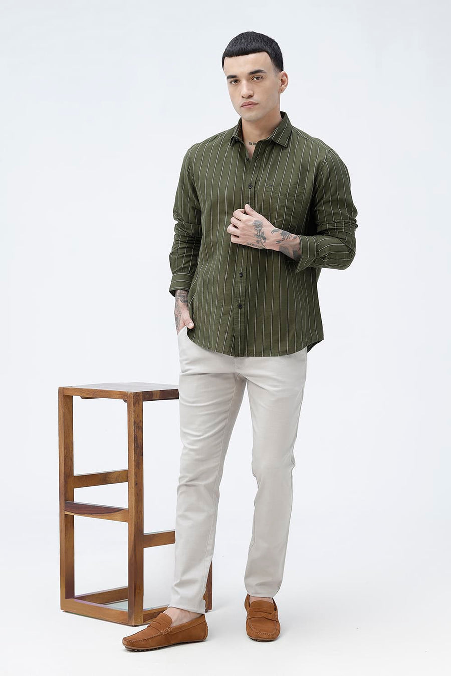 BASICS SLIM FIT NAVY COTTON LINEN STRIPE SHIRT