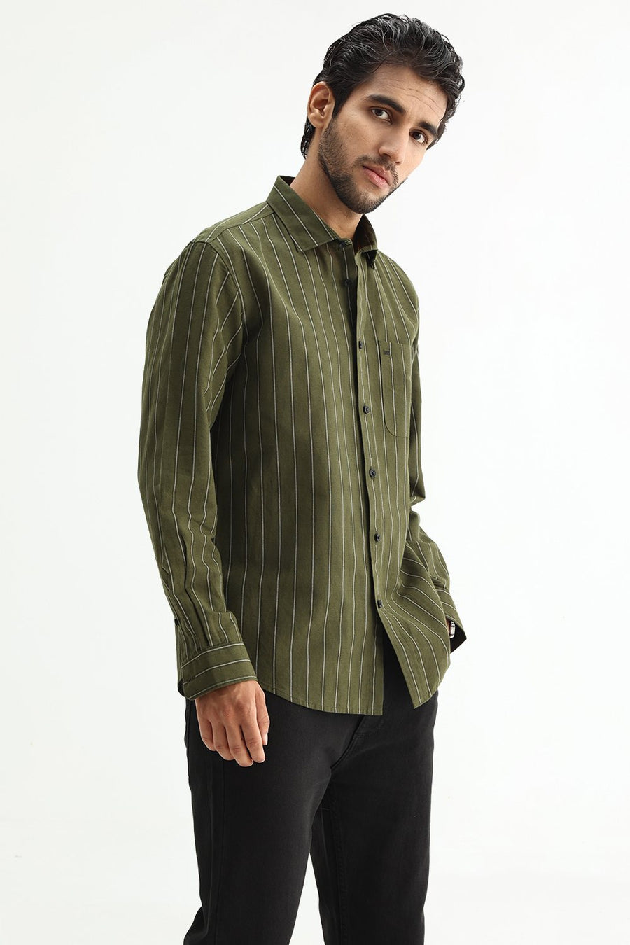 BASICS SLIM FIT NAVY COTTON LINEN STRIPE SHIRT