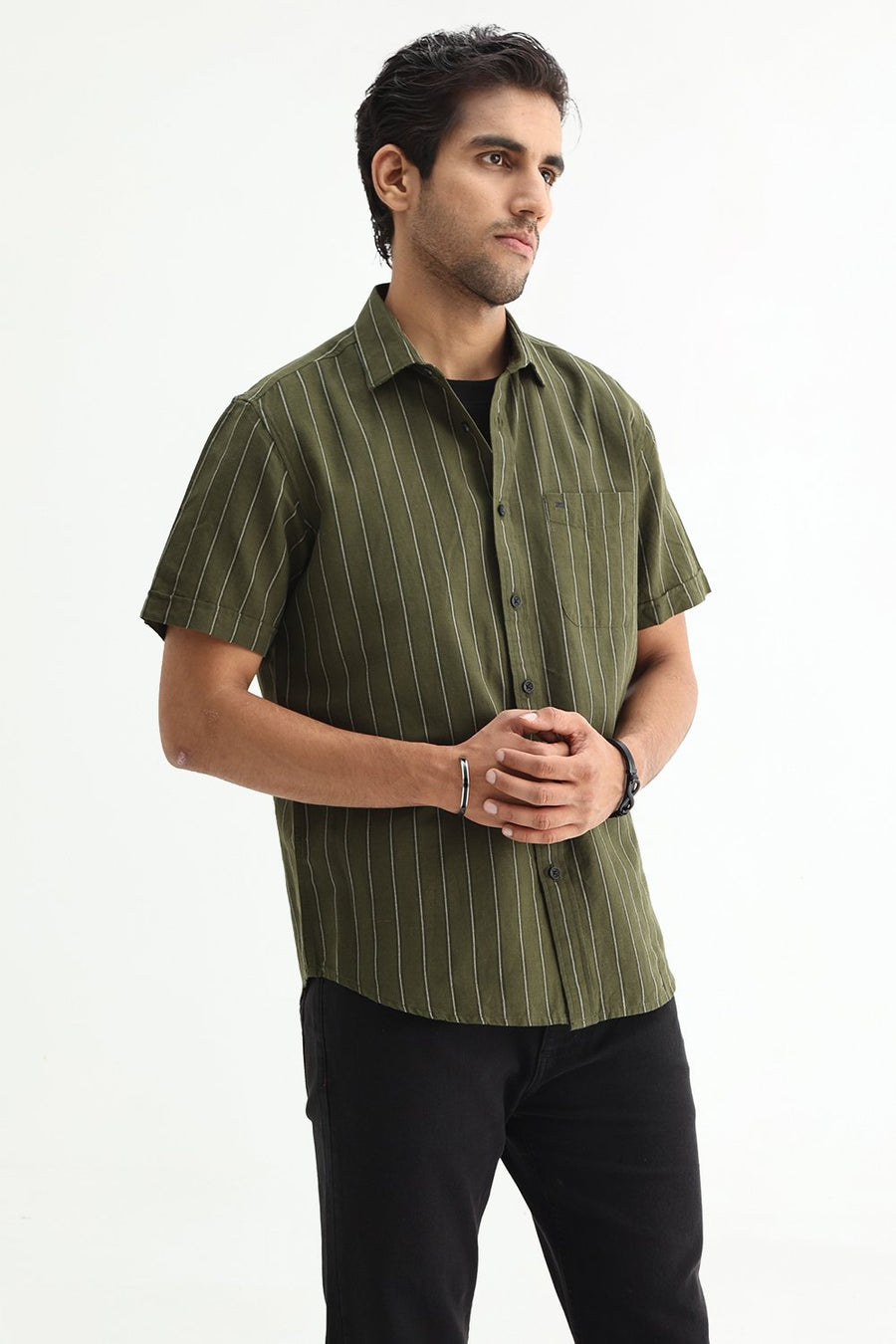 BASICS SLIM FIT NAVY COTTON LINEN STRIPE HALFSLEEVES SHIRT