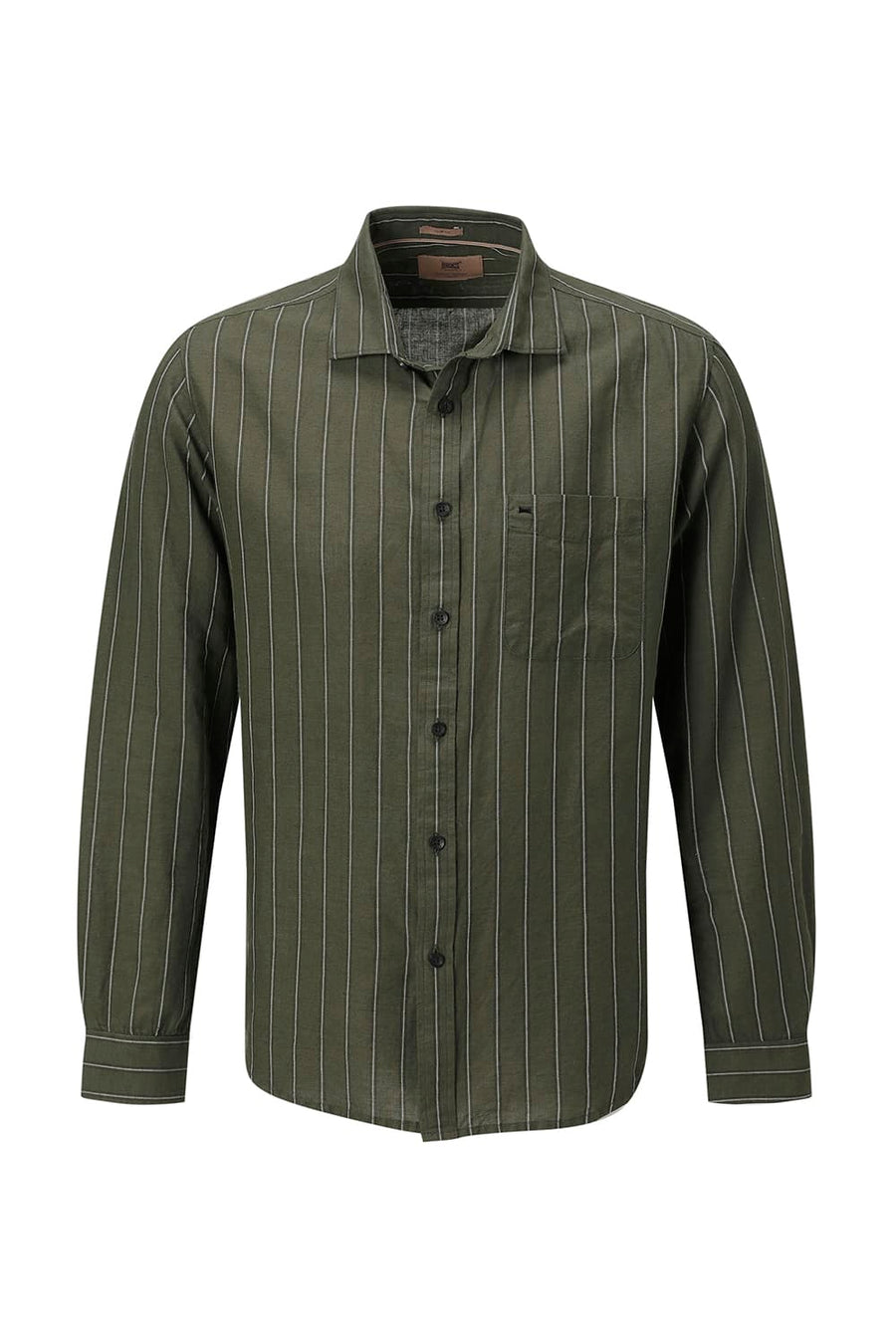 BASICS SLIM FIT NAVY COTTON LINEN STRIPE SHIRT