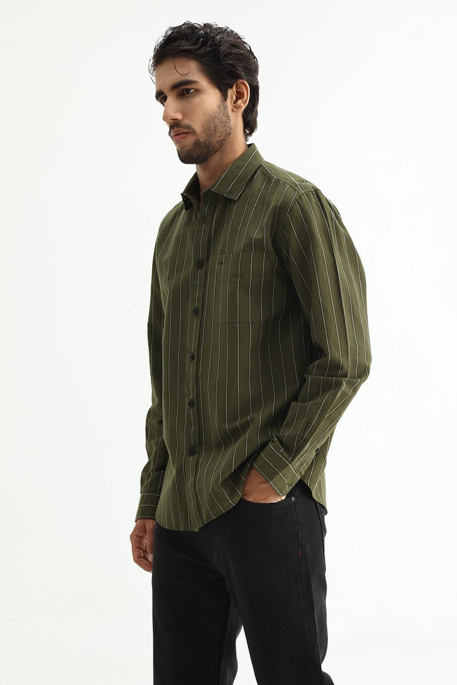 BASICS SLIM FIT NAVY COTTON LINEN STRIPE SHIRT