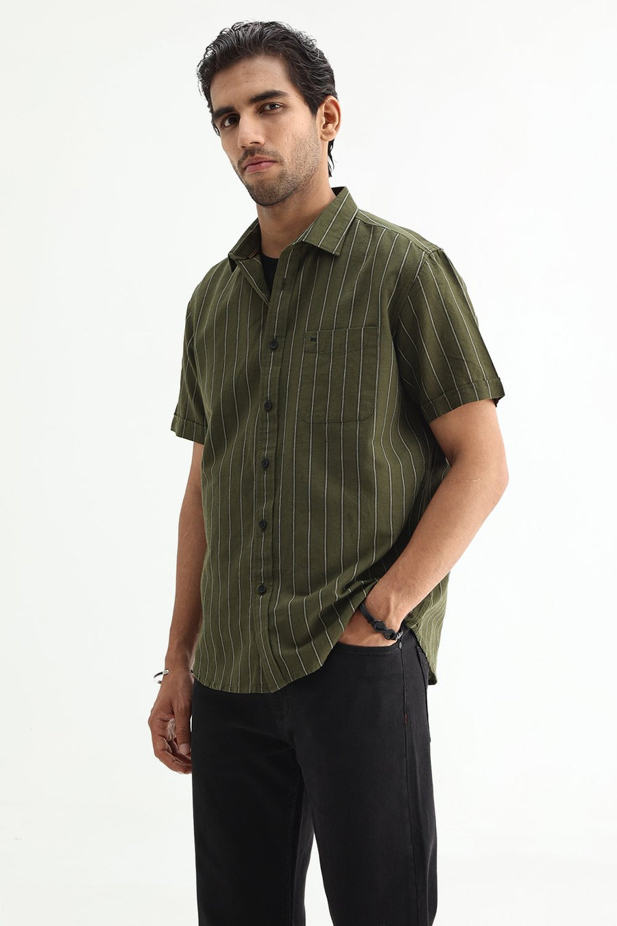 BASICS SLIM FIT NAVY COTTON LINEN STRIPE HALFSLEEVES SHIRT
