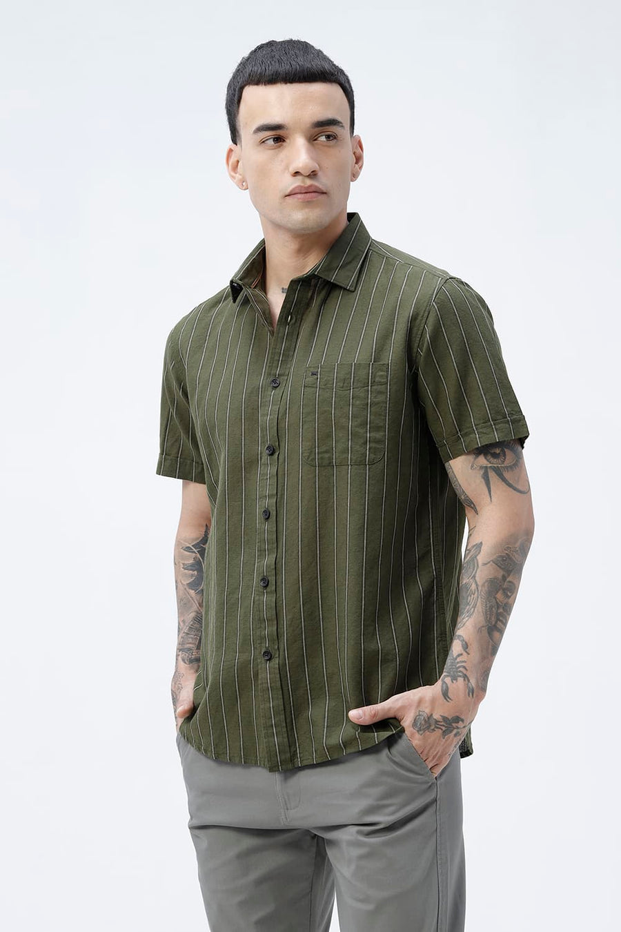 BASICS SLIM FIT NAVY COTTON LINEN STRIPE HALFSLEEVES SHIRT