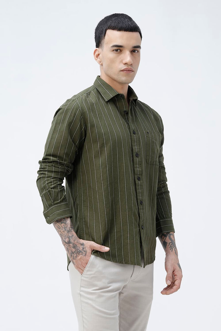 BASICS SLIM FIT NAVY COTTON LINEN STRIPE SHIRT