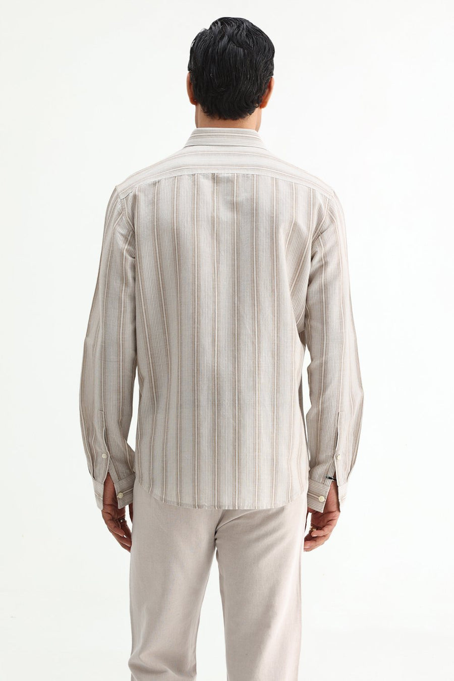 BASICS SLIM FIT BEIGE COTTON LINEN STRIPE SHIRT