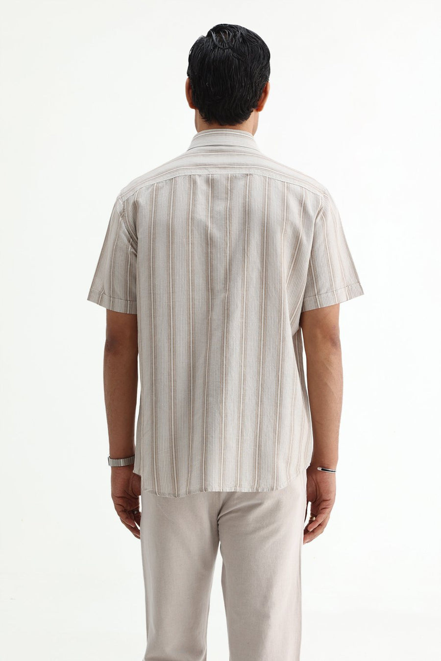 BASICS SLIM FIT BEIGE COTTON LINEN STRIPE HALFSLEEVES SHIRT