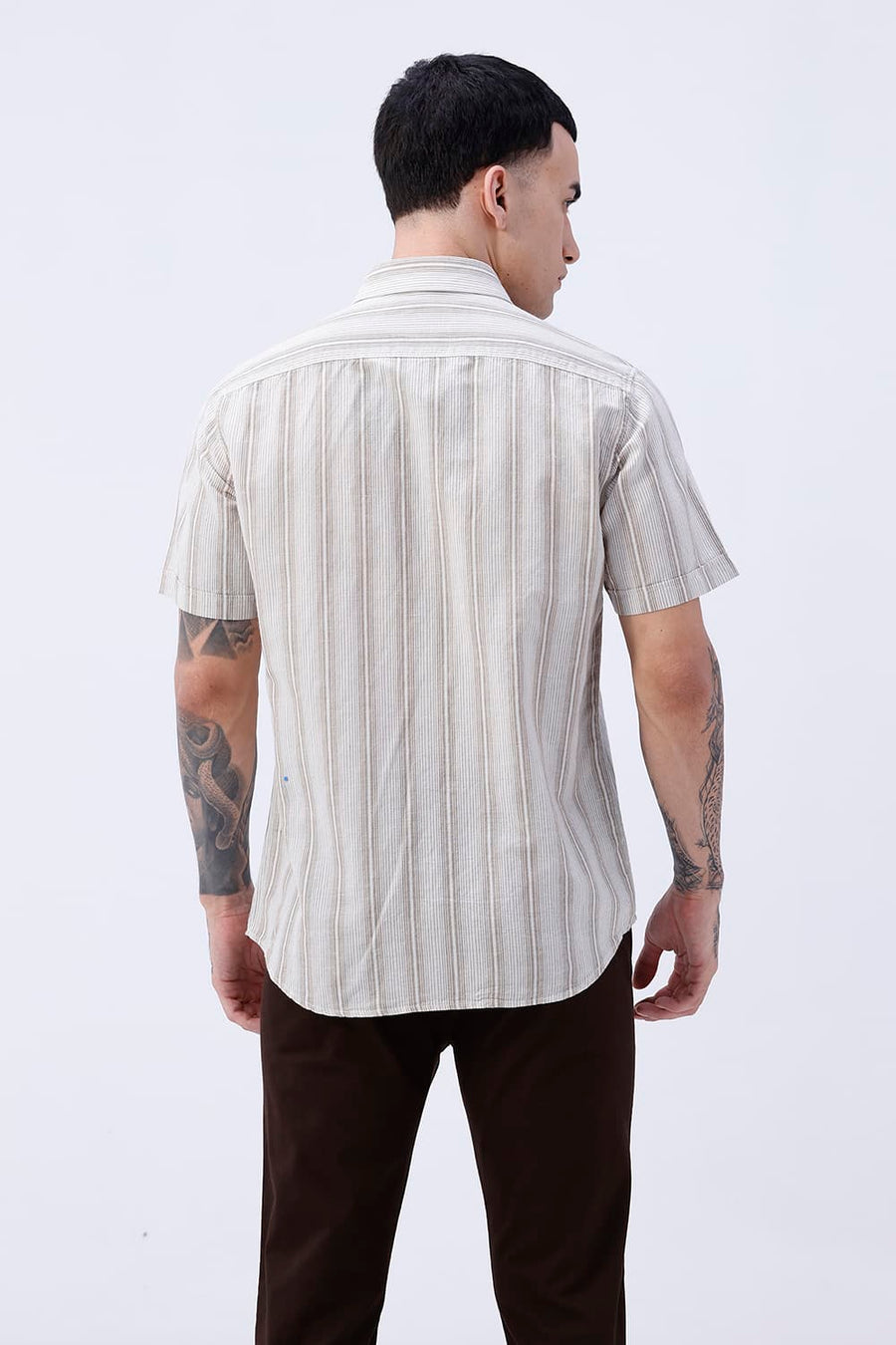 BASICS SLIM FIT BEIGE COTTON LINEN STRIPE HALFSLEEVES SHIRT