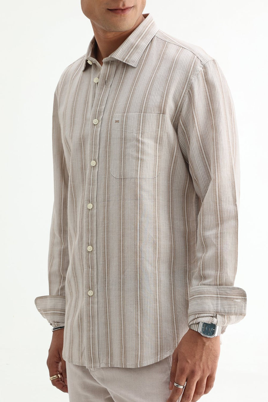 BASICS SLIM FIT BEIGE COTTON LINEN STRIPE SHIRT