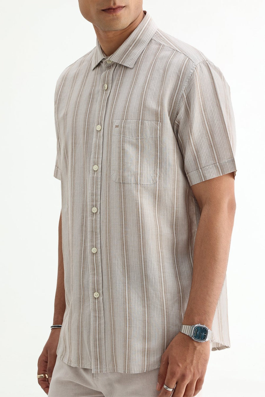 BASICS SLIM FIT BEIGE COTTON LINEN STRIPE HALFSLEEVES SHIRT
