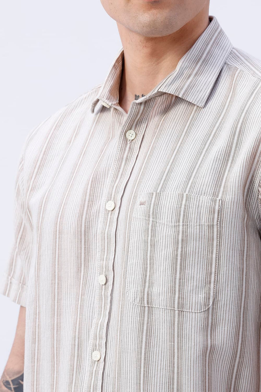 BASICS SLIM FIT BEIGE COTTON LINEN STRIPE HALFSLEEVES SHIRT