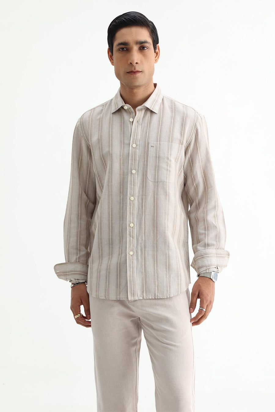 BASICS SLIM FIT BEIGE COTTON LINEN STRIPE SHIRT