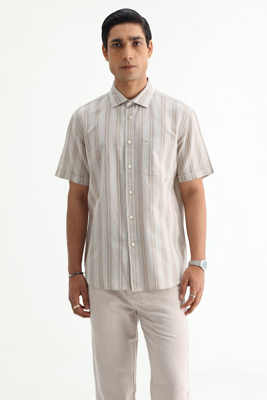 BASICS SLIM FIT BEIGE COTTON LINEN STRIPE HALFSLEEVES SHIRT