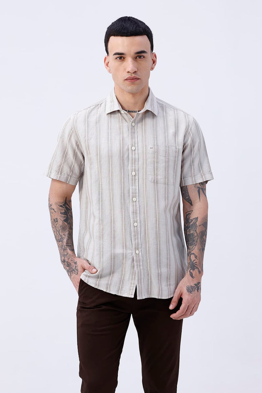 BASICS SLIM FIT BEIGE COTTON LINEN STRIPE HALFSLEEVES SHIRT