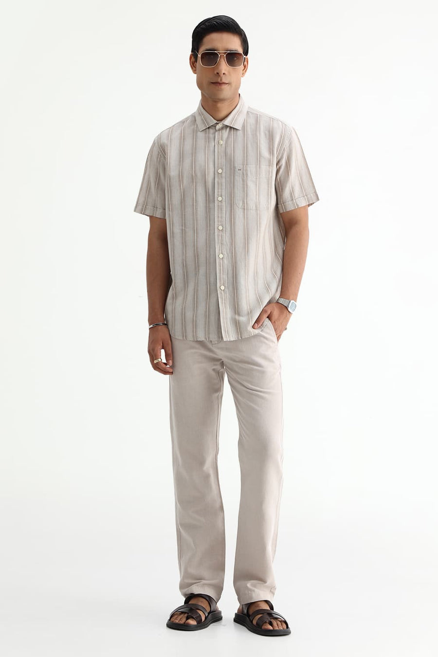 BASICS SLIM FIT BEIGE COTTON LINEN STRIPE HALFSLEEVES SHIRT