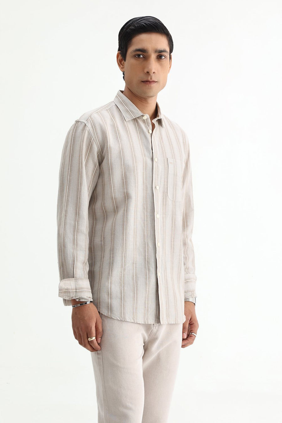 BASICS SLIM FIT BEIGE COTTON LINEN STRIPE SHIRT