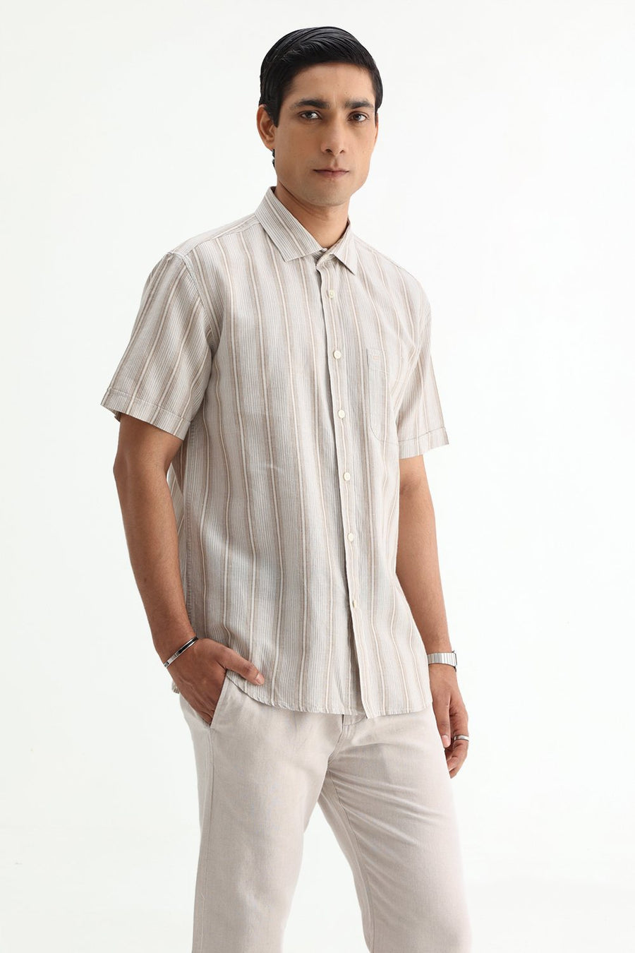 BASICS SLIM FIT BEIGE COTTON LINEN STRIPE HALFSLEEVES SHIRT