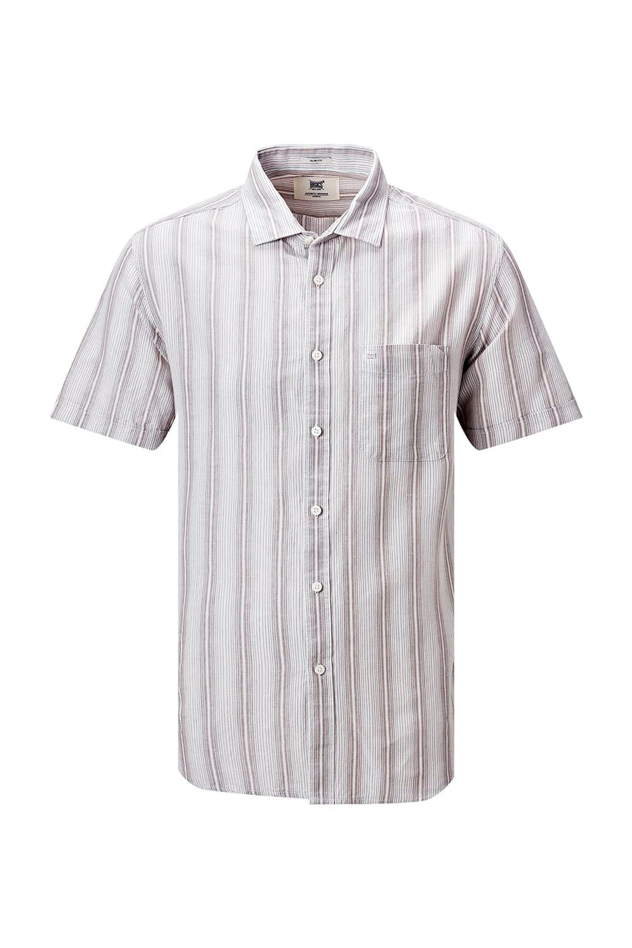 BASICS SLIM FIT BEIGE COTTON LINEN STRIPE HALFSLEEVES SHIRT
