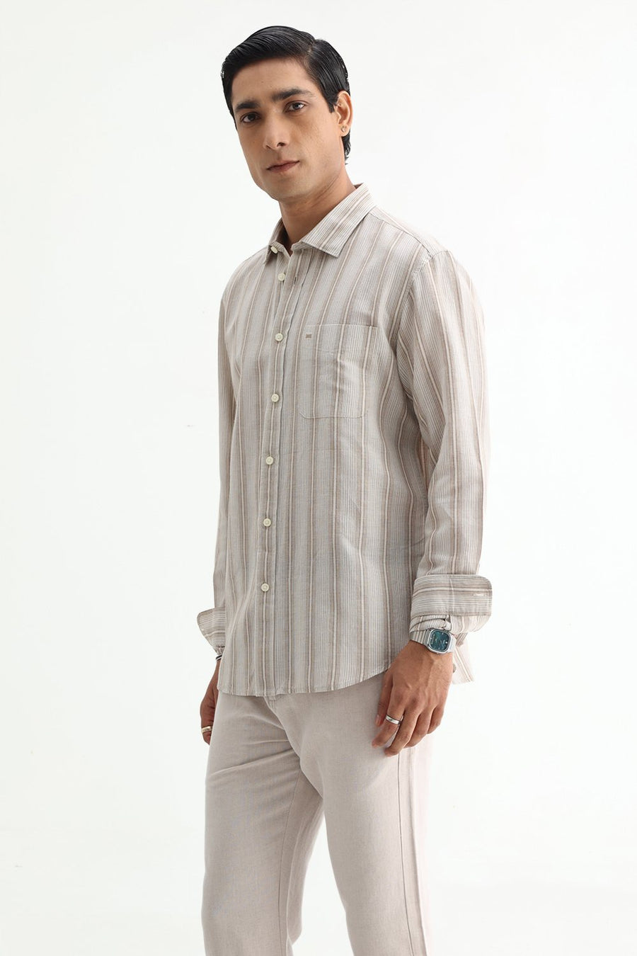 BASICS SLIM FIT BEIGE COTTON LINEN STRIPE SHIRT
