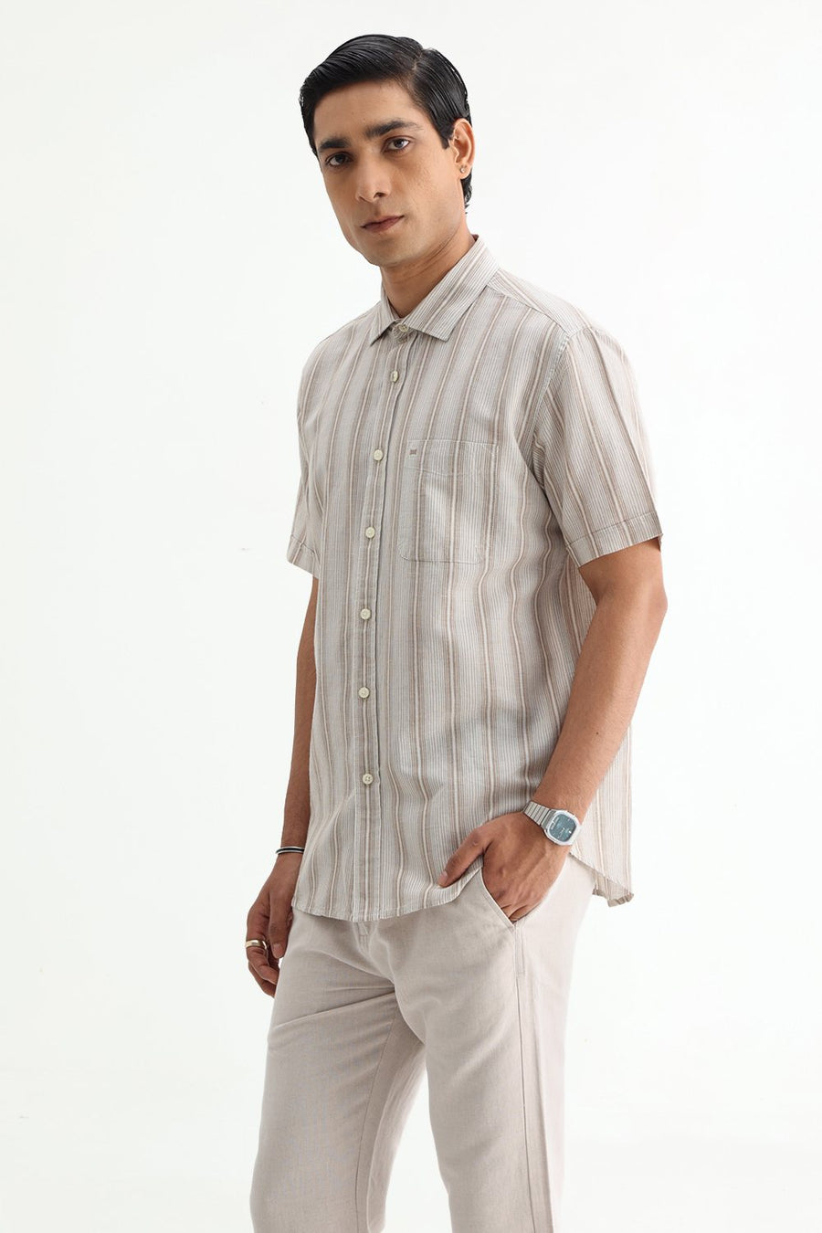 BASICS SLIM FIT BEIGE COTTON LINEN STRIPE HALFSLEEVES SHIRT