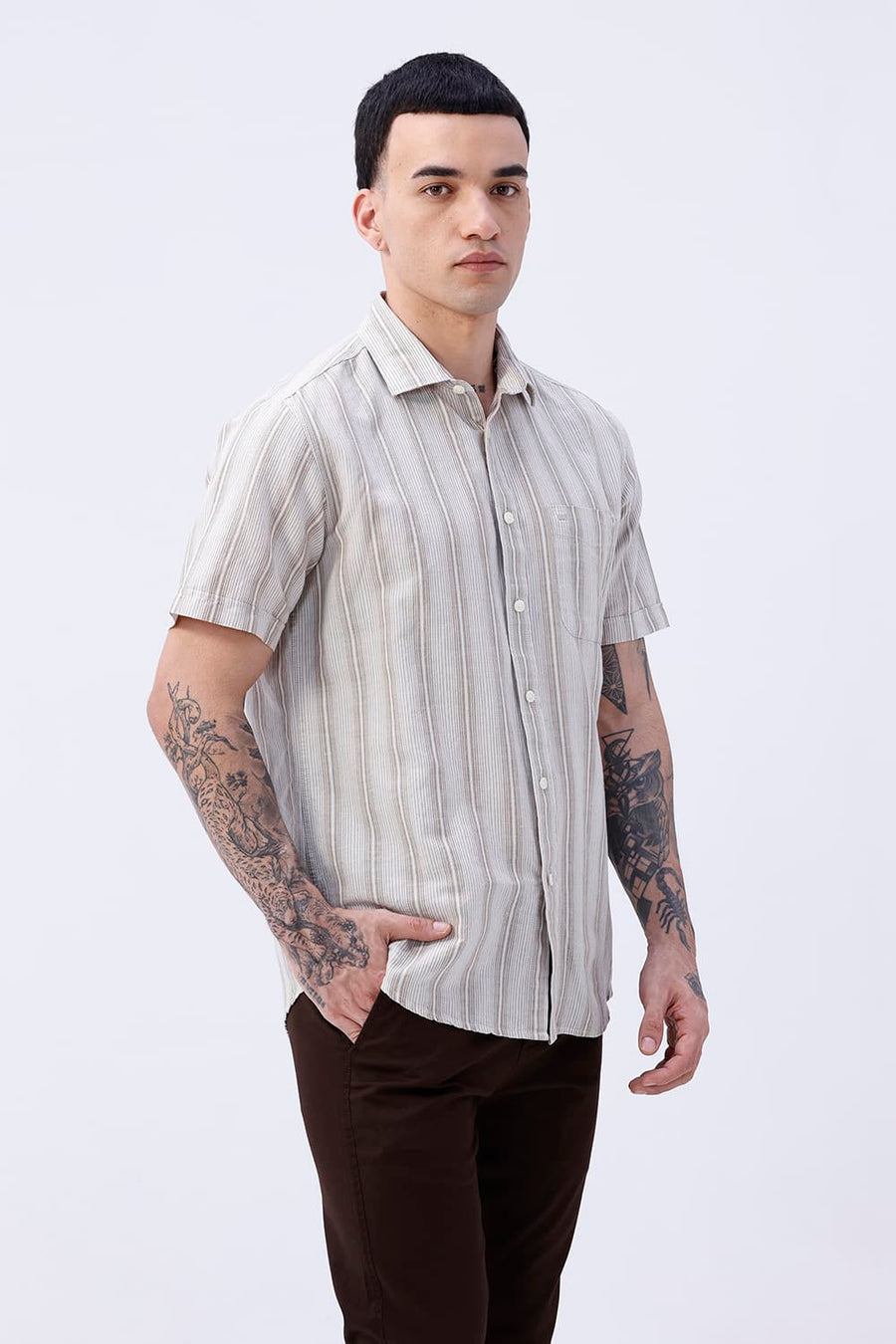 BASICS SLIM FIT BEIGE COTTON LINEN STRIPE HALFSLEEVES SHIRT