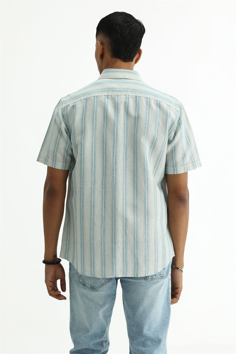 BASICS SLIM FIT KHAKI COTTON LINEN STRIPE SHIRT