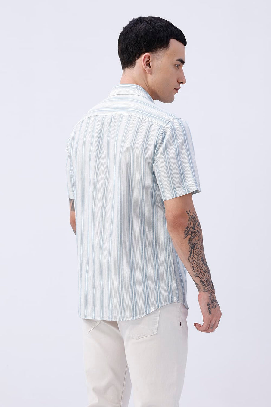 BASICS SLIM FIT KHAKI COTTON LINEN STRIPE HALFSLEEVES SHIRT