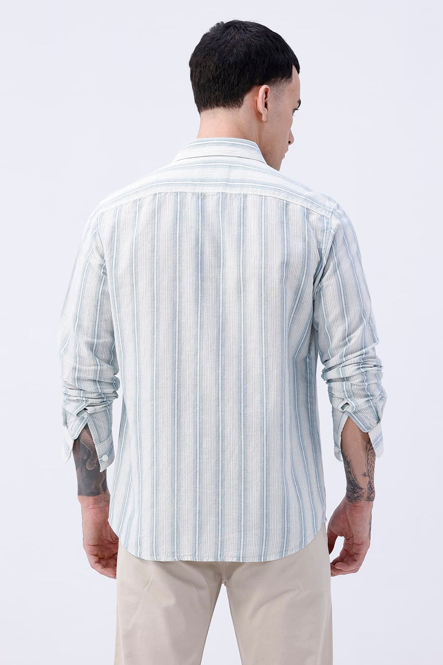 BASICS SLIM FIT KHAKI COTTON LINEN STRIPE SHIRT