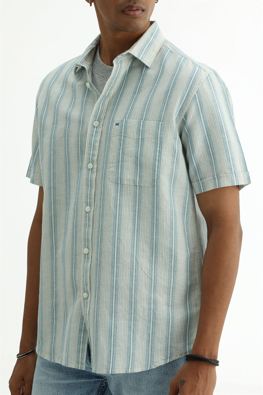 BASICS SLIM FIT KHAKI COTTON LINEN STRIPE SHIRT