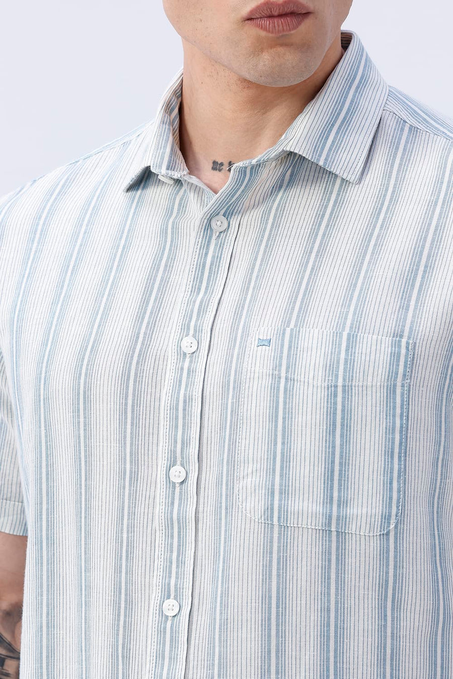 BASICS SLIM FIT KHAKI COTTON LINEN STRIPE HALFSLEEVES SHIRT