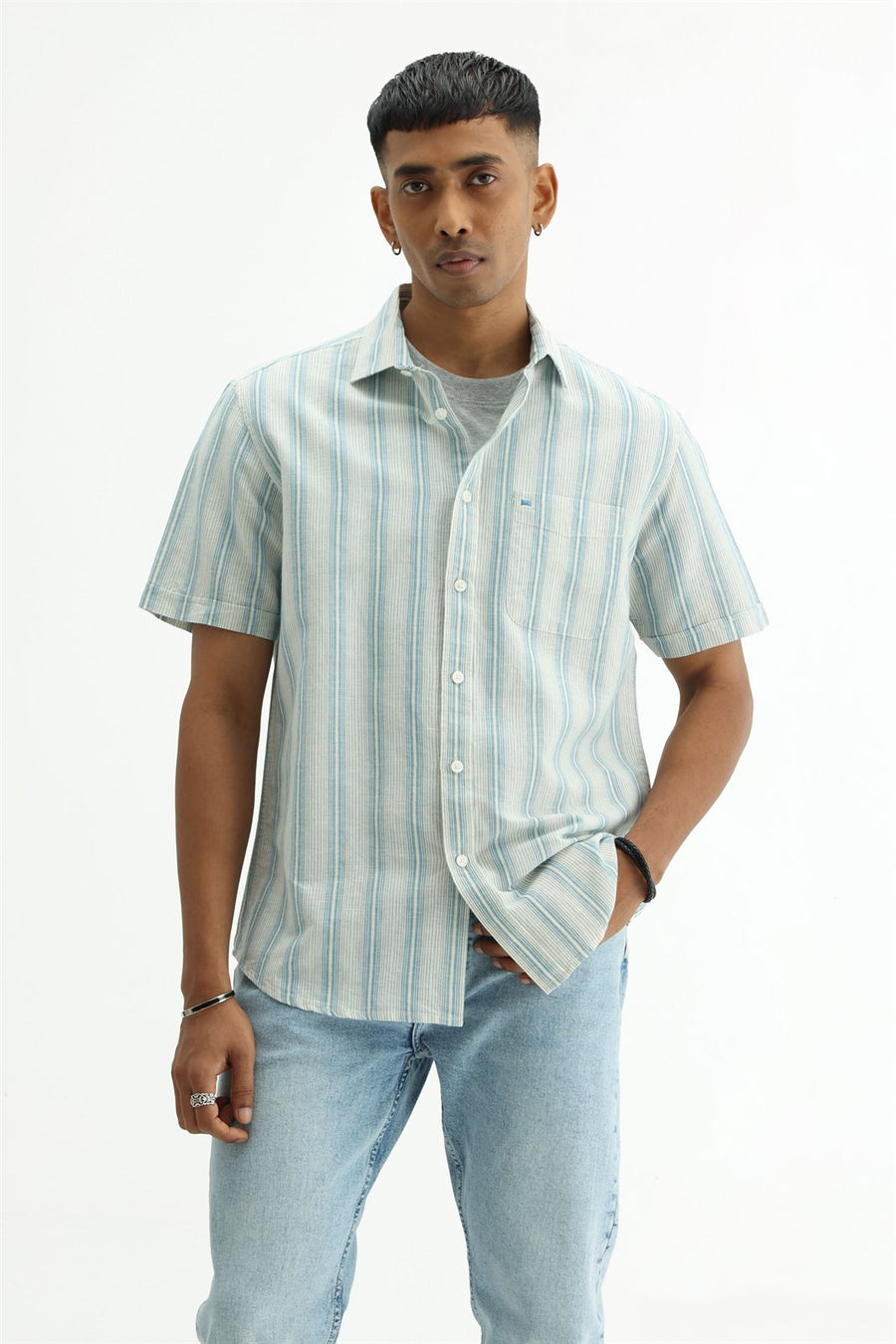 BASICS SLIM FIT KHAKI COTTON LINEN STRIPE SHIRT
