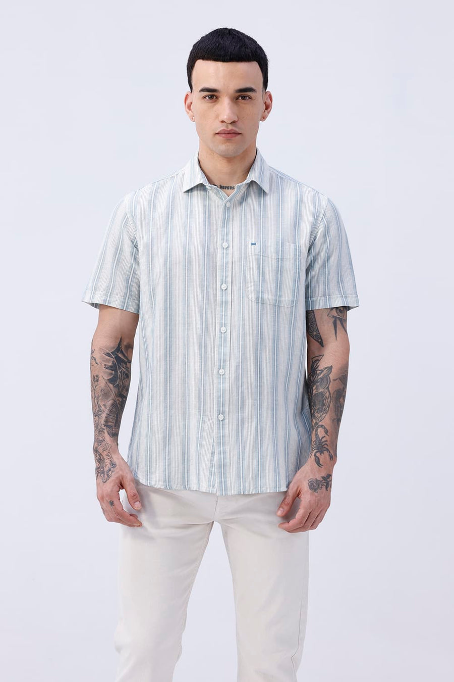 BASICS SLIM FIT KHAKI COTTON LINEN STRIPE HALFSLEEVES SHIRT