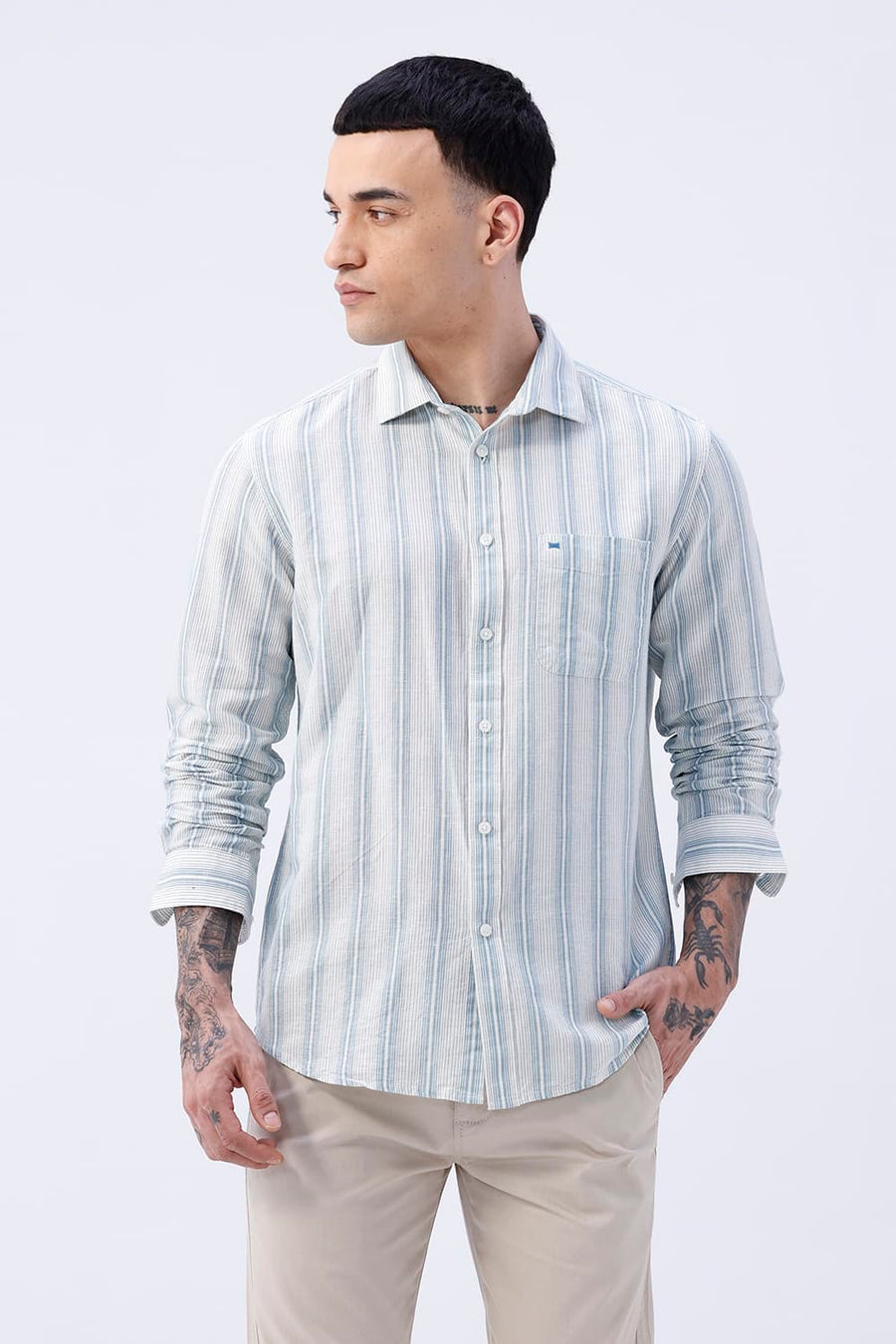 BASICS SLIM FIT KHAKI COTTON LINEN STRIPE SHIRT