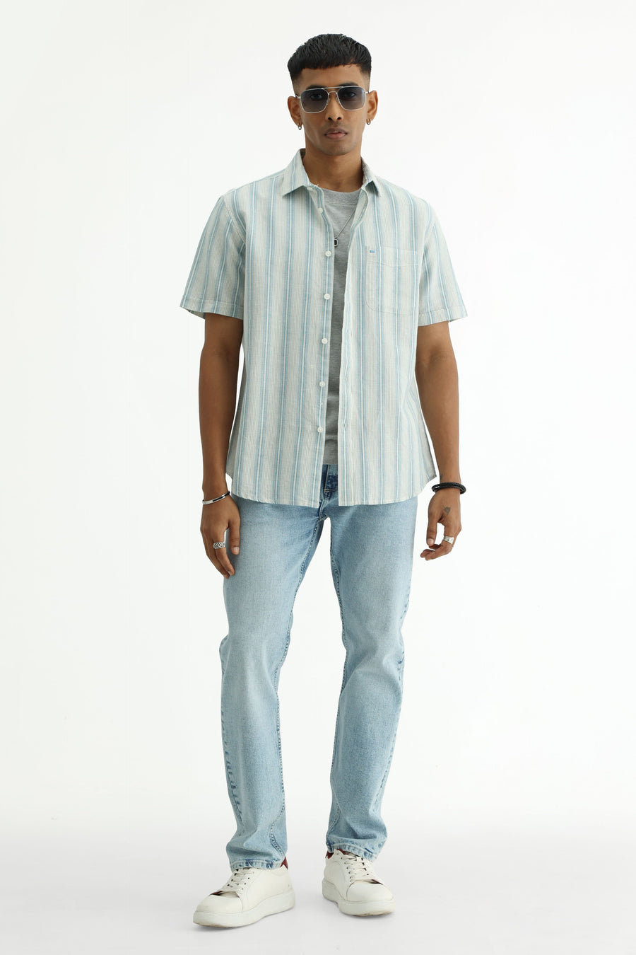 BASICS SLIM FIT KHAKI COTTON LINEN STRIPE SHIRT