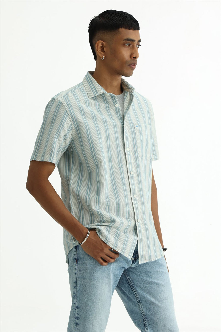 BASICS SLIM FIT KHAKI COTTON LINEN STRIPE SHIRT