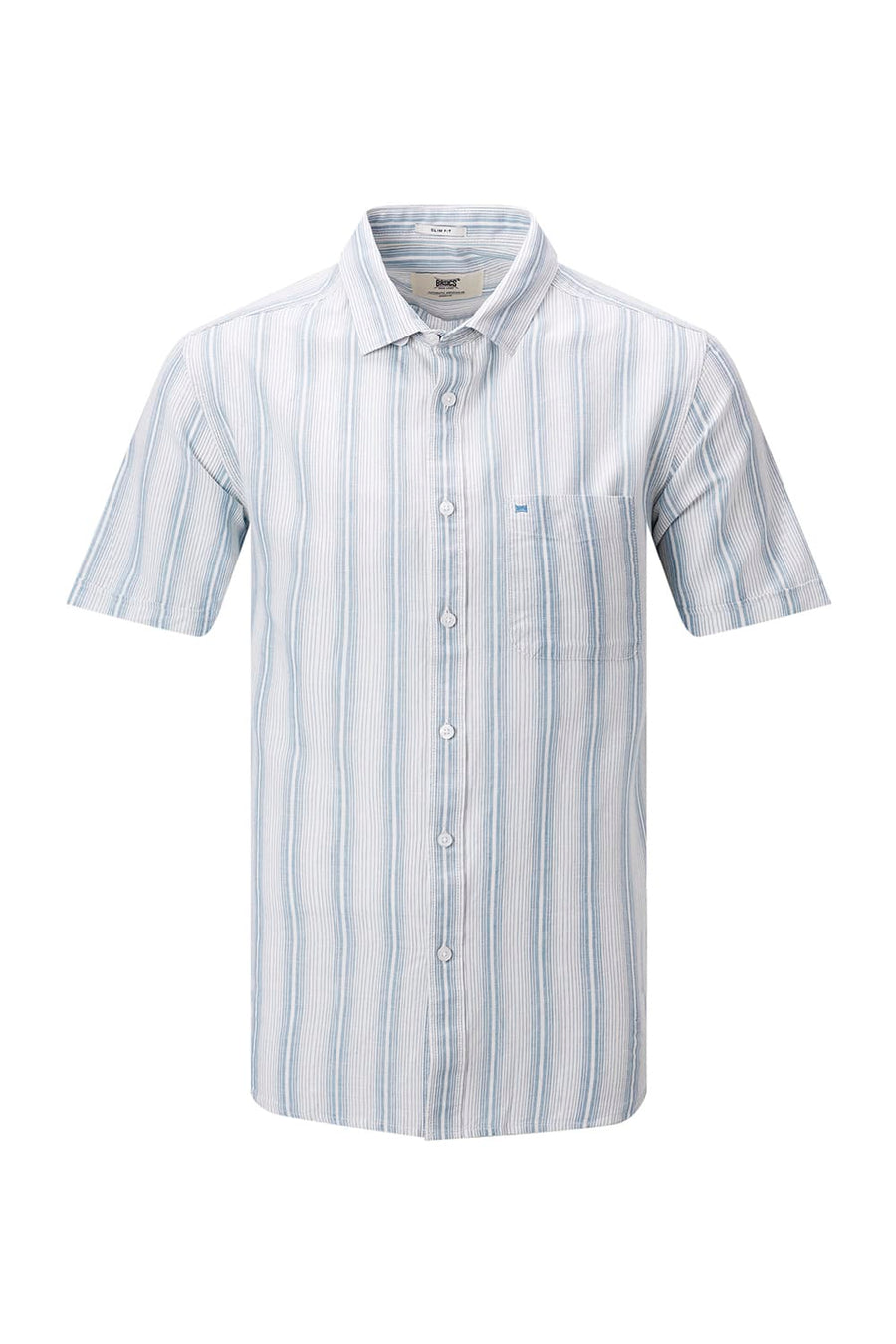 BASICS SLIM FIT KHAKI COTTON LINEN STRIPE HALFSLEEVES SHIRT