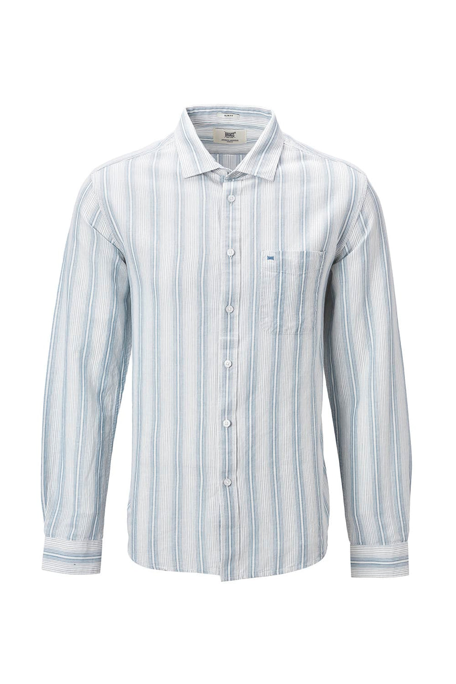 BASICS SLIM FIT KHAKI COTTON LINEN STRIPE SHIRT